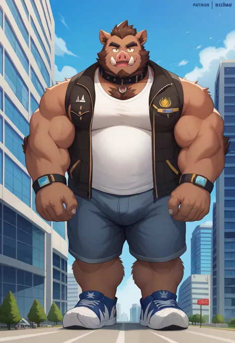 Scribble Wildboar face,Furry(Wildboar),pummelig,( black eyebrows :1.1),(perfect eyes), brown fur ,alone,(artist:takemoto arashi),(collar:1.3), standing, Sneakers,( Black beard :1.3),(Civil :1.3,) Wildboar(Massiv:3.0, ( heavyweight ,stark,Macro, Emphasize, ...