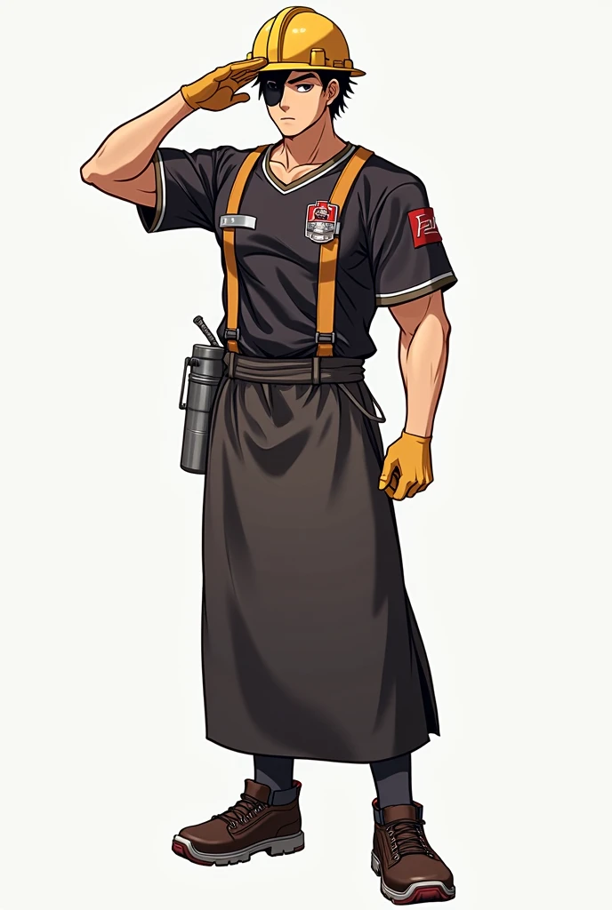 Japanese 2D anime style 、male、Age 30、samurai、Eye patch on one eye、hakama、Put on a jersey、Black hair is slightly visible from the safety helmet、 Work Site Beards 、 Salute Shoes Are Footwear 、 Muscular, Slender, and Tall 髭の長さ短め