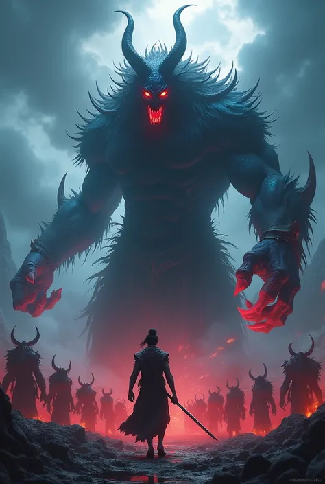 Hindu dharma a demon and his army back denom front side underworld  dark view dangerous face look high quality vfx high 4K vfx background high katana hand gaint blue colour red eyes face blood 