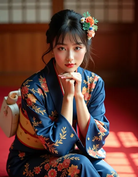 A high-fashion editorial featuring a 20-year-old woman of Asian and Slavic descent, styled in a vibrant navy blue furisode kimono adorned with intricate floral motifs in red, orange, yellow, and white hues. The traditional patterns of plum blossoms, chrysa...