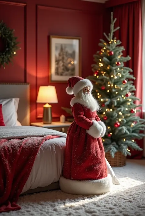 Une image réaliste. Une chambre luxueuse avec une ambiance douce et chaleureuse, comprenant un grand lit élégant. Au côté du lit , une gracieuse et envoûtante Mère Noël, vêtue dune tenue coquine rouge et blanche, saupoudre doucement des flocons de neige da...