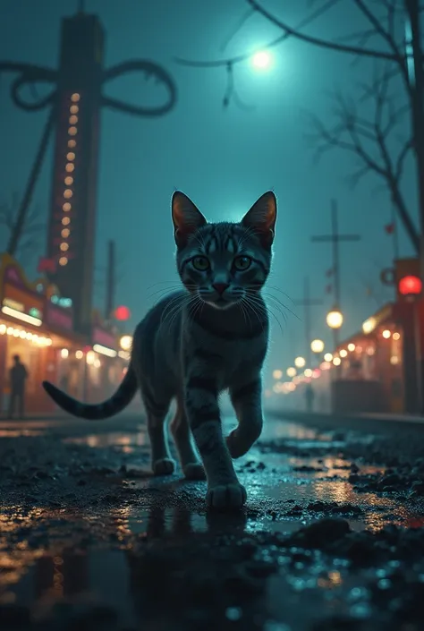 Video
A cat walking in an amusement park at night 