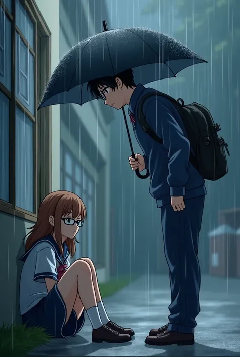 a girl is sitting huddled up in the rain next to a sports building leaning against the wall and in front of her there is a guy standing slightly bent over holding an umbrella over her. The girls hair is hazel brown, and the guys hair is black and they are ...