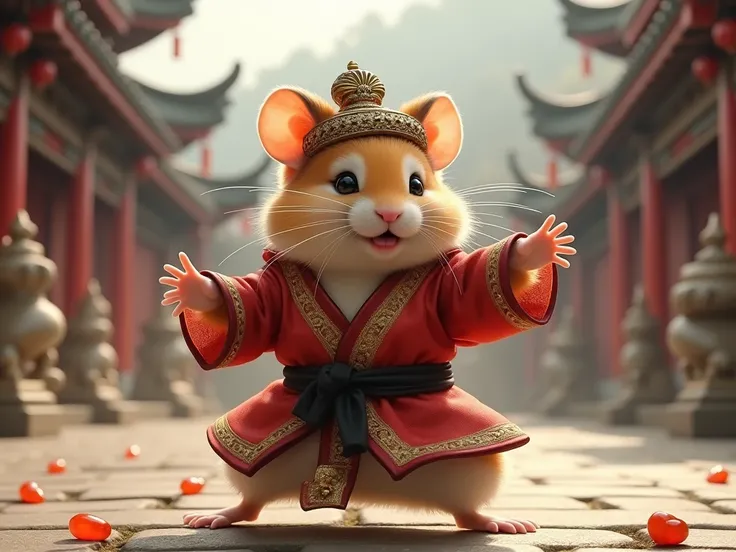 Hamster， wearing Chinese clothes ，Chinese ancient style， Practice ，Martial Arts，Martial Arts大师，Ancient style scene， Extremely detailed， Ultra HD