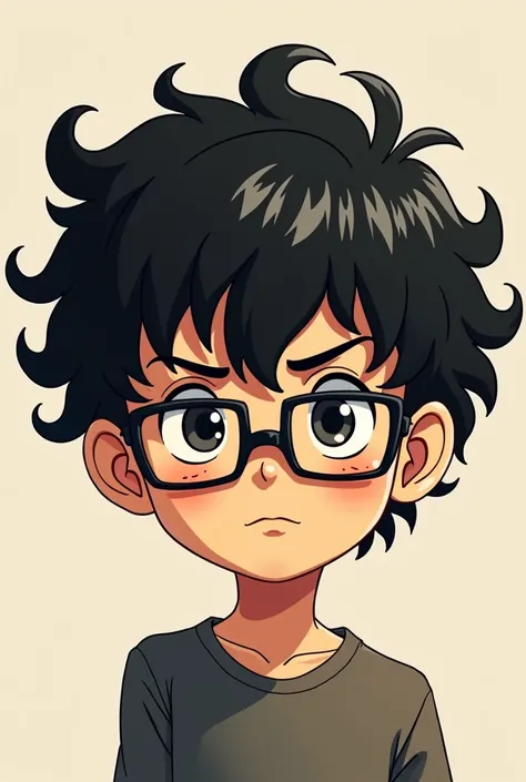  Boy with glasses ,  very long curly hair, Serious, Manga style