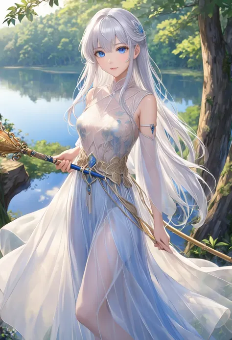  see-through long dress with tiers。Silver Hair。ティアをかけている。 blue eyes。 beautiful faces。 small breasts。 nipples visible。Forest and lake on background。Golden Staff。 since age 27。