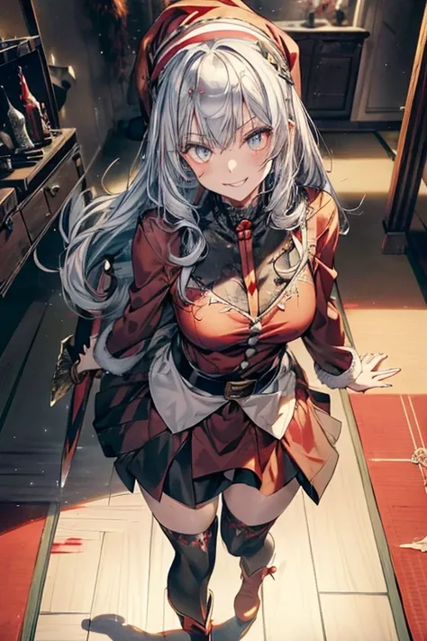 (from below:1.2),((1girl, silver hair, long hair, evil red eyes, crazy eyes, crazy smile:1.5, ), (santa clothes, santa hat, black tights, santa boots), (((holding ominous japanese sword ))), ((battlescene,slashilg,killing the mafia,blood splash)), (indoor,...