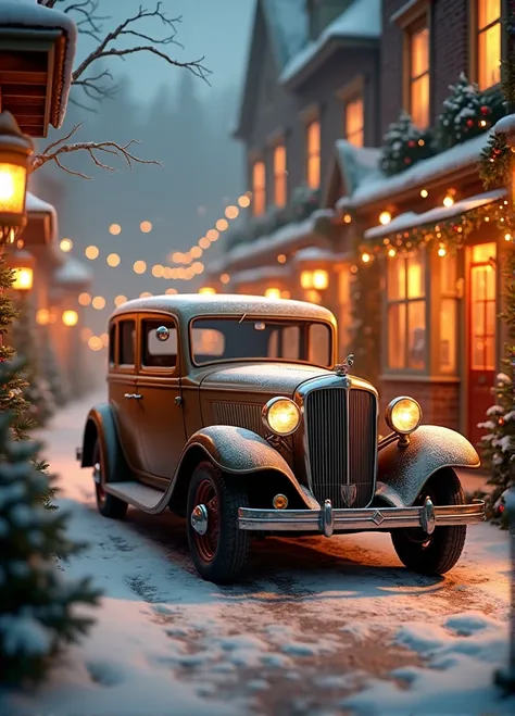 Christmas with 1 old car, warm atmosphere