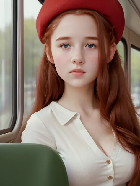 (best quality,4k,8k,highres,masterpiece:1.2),ultra-detailed,(realistic,photorealistic,photo-realistic:1.37), ((student on a bus, shy, pale skin)), ((very large bust size for her young age)), braided red hair, beret