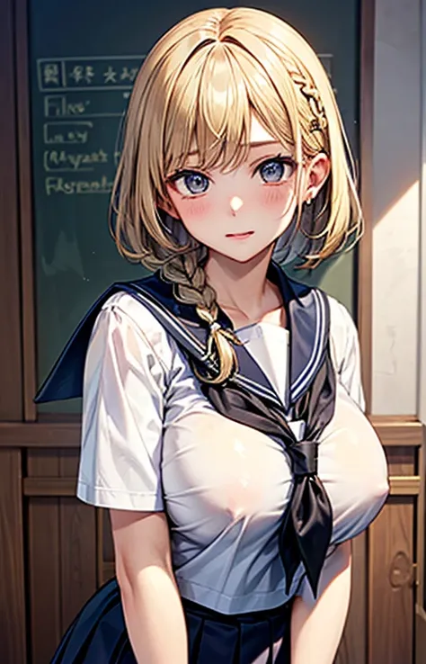 Masterpiece, Detail, Beautiful Cute, Girl, Detailed, Best Quality, Perfect Anatomy, Super Detailed Skin, 
14yo, blonde short hair, (side braid), Hairpin, huge breasts, in room, Sailor school uniform, lift up clothes, 