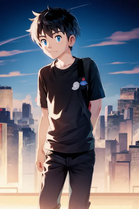 Neal Douglas C. Albanus, 1young boy, solo, black hair, normal hair style, blue eyes, black shirt, blue long jeans, shoes, malaysian flag cap, belt with the pokéballs, backpack, pokémon trainer, gym badge case, protagonist, hero, PokemonStyle, pokemon (anim...