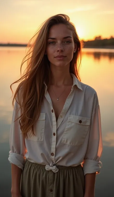 A 35-year-old woman with freckles, standing by a lake during sunset, wearing a long-sleeved shirt and a skirt.