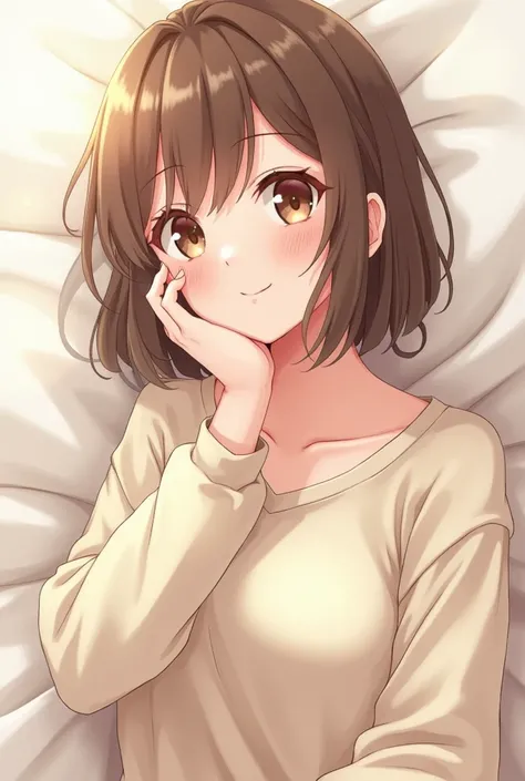  Anime style girl with brown hair,  hazel eyes , comfortable clothes, hair not so long, a tender pose 