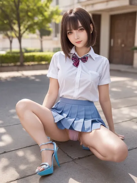 ((( shameful expression :1.5)))、((Kind Face:1.5))、(((sexy School uniform:1.5)))、(((spread legs:1.5)))、((stiletto heels:1.5)))、(( raise skirt yourself :1.4))、(( panties:1.2))、((( plump nipples:1.0)))、 One girl ,  the ultimate cute beautiful adult girl,  por...