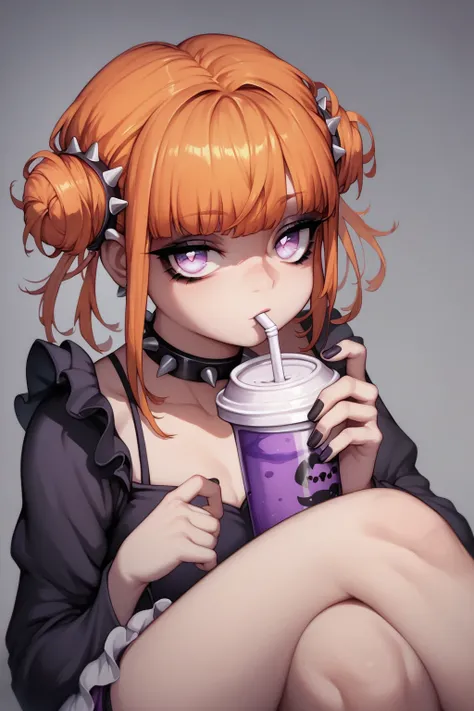 score_9, score_8_up, score_7_up, high resolution, 1girl, looking at viewer, beautiful face, detailed pupils, orange hair, triple bun, fringed bangs, light purple eyes, goth punk dress, spiked chocker, legs,  studio, mic, drinking 