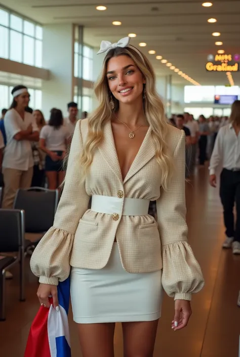 Woman Kendall      ,       black eyes,       shiny lips      , blush,     shiny skin and blonde hair at an airport in the Dominican Republic    ,    is elegant with brown wooden floors and white walls with large windows that reflect the night   ,    there ...