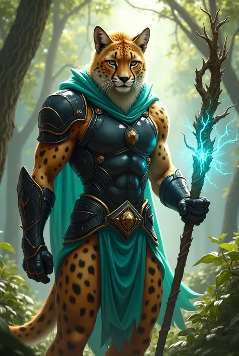 A tall, fit anthropomorphic cheetah in black-turquoise armor and an undercut hairstyle, blond hair , holding a glowing birch-colored staff . in the background of the forest. 