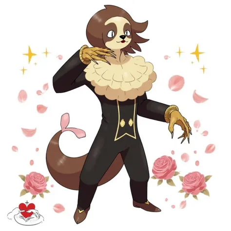 Fakemon: Pokemon-style ROMANTIC HERO who happens to be a sloth, tall and lean figure, pose like a tango dancer, fur styled like a fitted velvet suit, prominent cream ruffled chest fur resembling a Victorian shirt front, exaggerated pompadour hair swooping ...