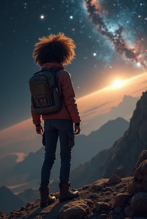 A  adventurous , curly hair, wearing a thick high-tech jacket, Located on the planet Jupiter, the contour of the mountains full of rocks, the sky is dark with the light of a galaxy with a row of planets, Mother ship, galaxy in the sky, Thai woman, upper bo...