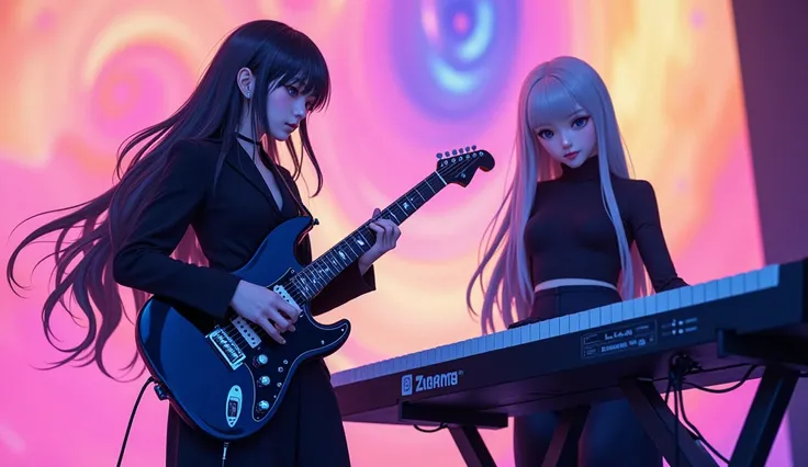 A striking and stylish image featuring two AI-generated Japanese female band members with a cool and mature vibe. One is playing a sleek, dark electric guitar with an elegant pose, while the other is performing on a polished keyboard with illuminated keys....