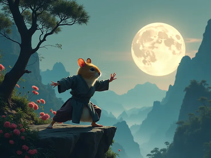  in the dark，round moon，Hamster， Wear Chinese clothes，Chinese ancient style，Practice on a cliff ，Martial Arts，Martial Arts大师， towering trees，Mountains，Flowers and trees，Birdsong and Flowers， Extremely detailed， Ultra HD