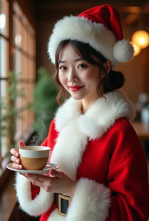 A beautiful Japanese actress is cosplaying as Santa Claus and carrying coffee at a cafe