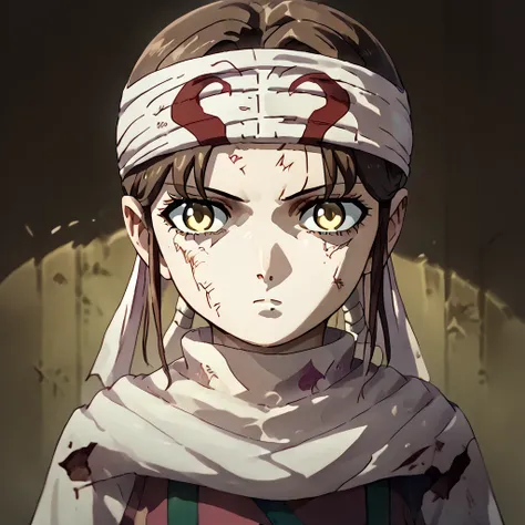  brown hair yellow eyes    ((((((Chiffon Fairchild)))))) score_9, score_8_up, score_7_up,  (1child)  kyoukai  cowl (((headband)))  ((((expressionless)))) (empty eyes)