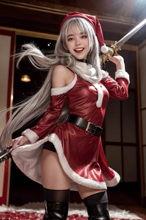 (from below:1.2),((1girl, silver hair, long hair, evil red eyes, crazy eyes, crazy smile:1.5, ), (santa clothes, santa hat, black tights, santa boots), (((holding ominous japanese sword ))), ((battlescene,slashilg,killing the mafia,blood splash)), (indoor,...