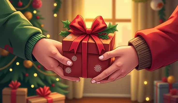 Hands exchanging a beautifully wrapped Christmas gift, with festive decorations and warm lights in the background. Cartoon 