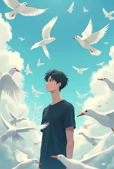 A black-haired man in a black shirt stands among a flock of white birds and is surrounded by clouds. Anime