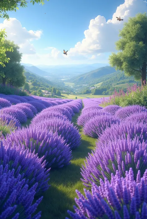 Wide lavender flower yard, realistic flowers