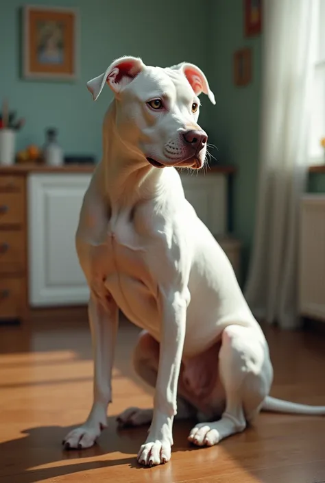 there is a white dog sitting on the floor in the kitchen, a pastel by Ivan Ranger, tumblr, renaissance, pitbull, peruvian looking, cyborg - pitbull, white male, pits, male, proud looking, young handsome pale roma, female looking, , intense albino, albino m...