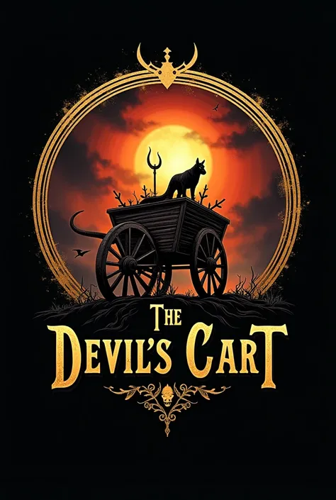  Design me a logo for a brand of mezcal called  "The devils cart ".  The logo I want to be a golden circle and inside it a cursed or haunted cart or something that refers to the devil