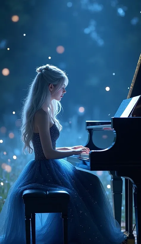 " A beautiful girl sitting in front of the piano ， It spreads like a curtain behind her。Her long hair was as silky as silk， with silver blue brilliance ，As if blended into the starlight 。 She is wearing a dark blue dreamy dress ， The skirt is adorned with ...