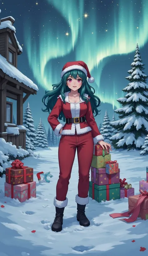 woman with long wavy dark teal green hair, pink eyes, santa outfit, snowy background, anime style, aurora, snowing, holding presents 