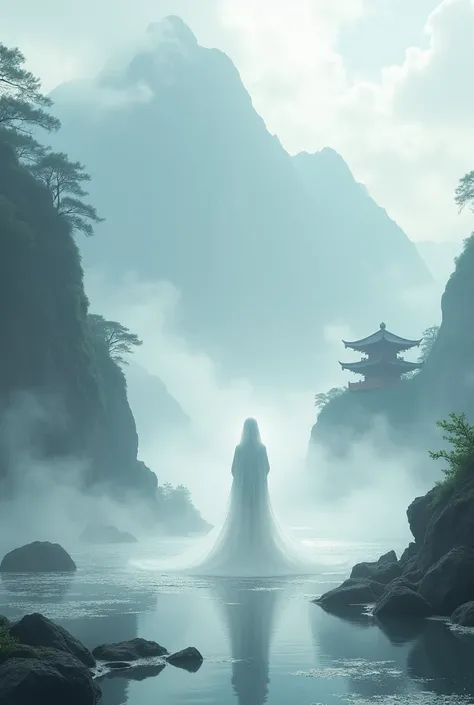 In the center is a ghost figure, behind it is a mountain, there is a sea of fog, there is a temple, a cliff, hides a glass, and there is a life of whiteness and rituals.