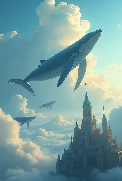 ((masterpiece)),((8k)),(( best quality )),(( Best Quality )),Expansive sky ,( Whales floating in the sky),  There are cities like whales 