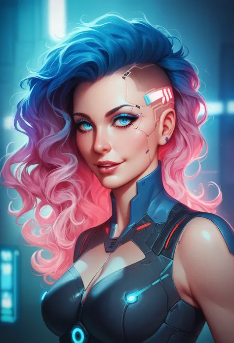 A highly detailed, futuristic portrait of a woman with short, wavy hair, integrated with cybernetic elements. Her head features glowing, intricate circuitry and neon pink and blue lights, blending seamlessly with her organic features. The design includes v...