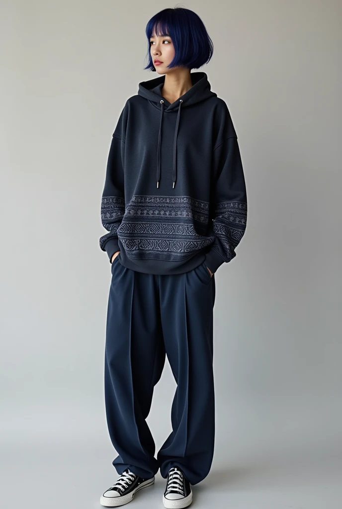 A oversized hoodie in dark tone (( Charcoal color)) with stubtle patterns inprised by thai textiles ((e.g., geometric motifs in indigo)). Bottom:wide-leg pants for a mix of comfort and elegance.Converse shoes. 53 height,
Slender and Athletic body type.
Wit...