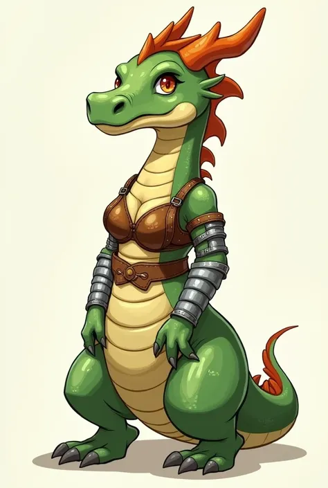 A female dragon born with steel armor with leather straps loosely holding it together, and small breasts with large thighs, her scales are green and the only thing covering her boobs is a leather bra. Cartoon drawing style non-threatening 