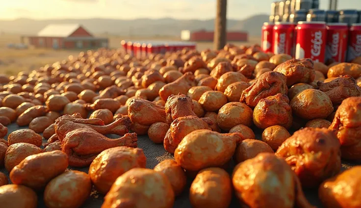 thousand of roasted chickens with thousand of baked potatoes and thousand of can of soda ,extra details , hyper realistic , UHD.