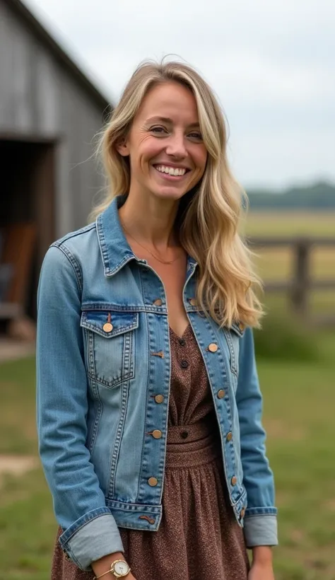 A 36-year-old woman with a radiant smile, standing near a farmhouse, wearing a denim jacket and a modest dress.