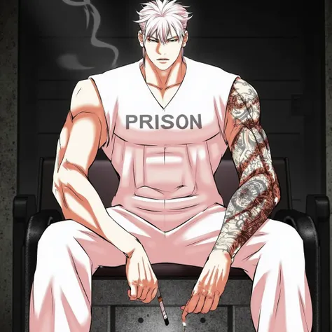 A character from the "Lookism Manhwa" a muscular man with short, spiky white hair and a stern expression, wearing a white jumpsuit with "Prison" written on the chest. He is sitting on a metal chair with his legs crossed, one hand resting on his knee, and t...