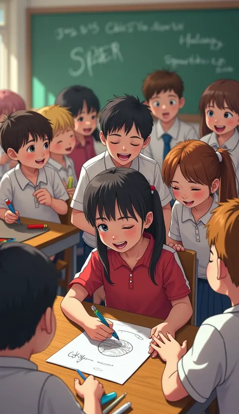  Girl drawing on a desk . A boy lifts her skirt .  Boys and girls laughing around 