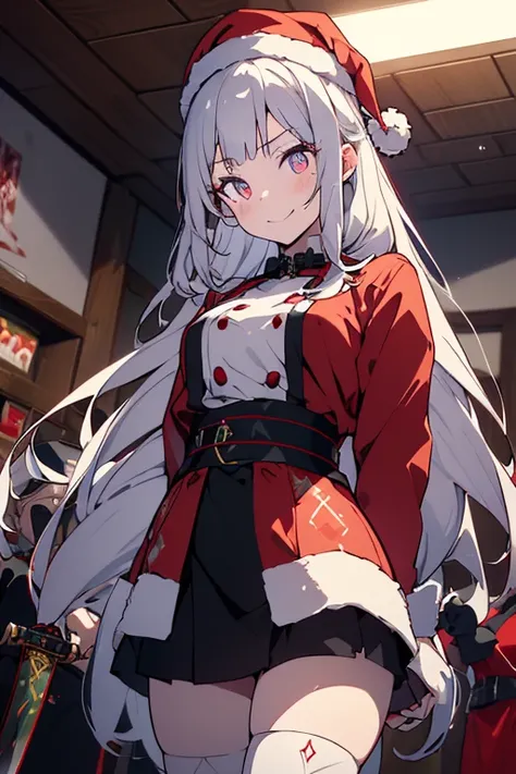 (from below:1.2),((1girl, silver hair, long hair, evil red eyes, crazy eyes, crazy smile:1.5, ), (santa clothes, santa hat, black tights, santa boots), (((holding ominous japanese sword ))), ((battlescene,slashilg,killing the mafia,blood splash)), (indoor,...