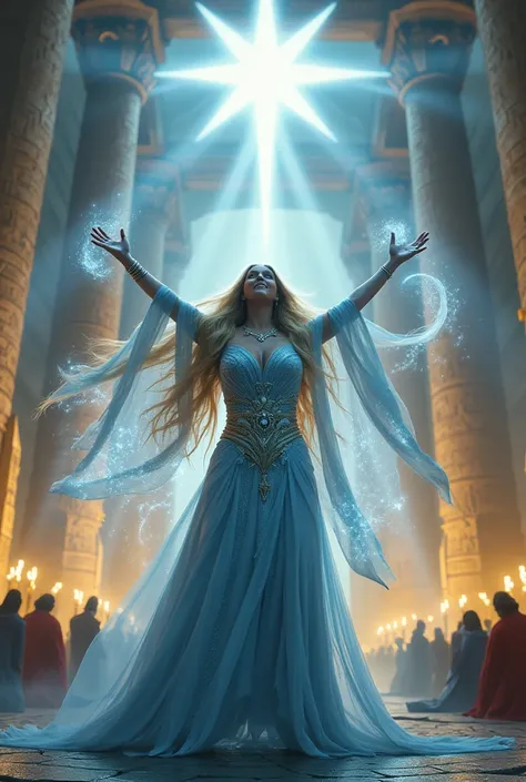 A powerful and commanding divine prophetess stands at the center of a majestic temple, her presence radiating authority and wisdom. She wears a flowing, regal sky-blue robe adorned with celestial patterns and glowing threads of light, symbolizing her conne...