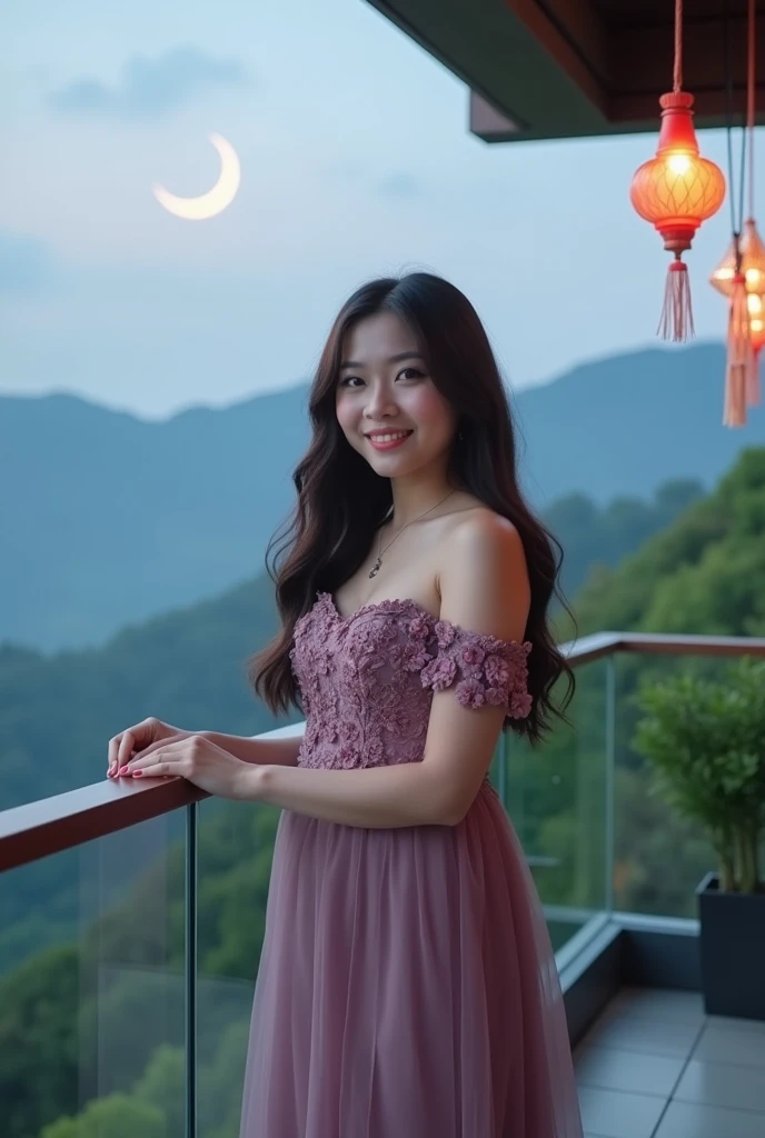  This picture shows a beautiful Korean woman chubby with long flowing hair, looking at the camera with smile face. wearing a beautiful mauve long dress, decorated with floral ornaments . This dress features an off-shoulder design, She is standing casually ...