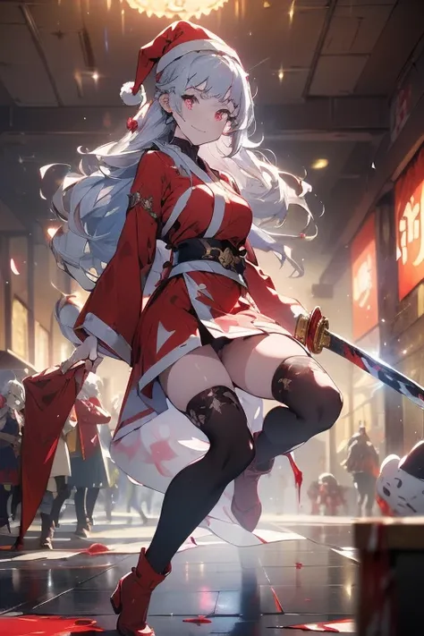 (from below:1.2),((1girl, silver hair, long hair, evil red eyes, crazy eyes, crazy smile:1.5, ), (santa clothes, santa hat, black tights, santa boots), (((holding ominous japanese sword ))), ((battlescene,slashilg,killing the mafia,blood splash)), (indoor,...