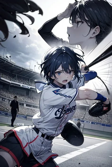 A high-energy, Japanese manga-style illustration of a baseball game, featuring a dramatic moment where a young batter swings fiercely at a fast pitch. The batter is depicted with exaggerated, intense facial expressions, emphasizing focus and determination....