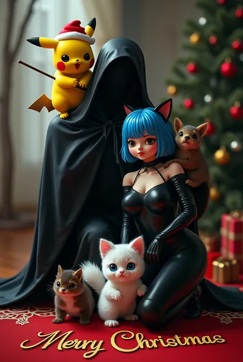 1st figure: pikachu with a red Santa hat on his head, sitting on deaths shoulder, 2nd figure: death in a black cloak with a hood, holding a long stick with a scythe, 3rd figure: woman with blue hair, blue eyes, fair eyes, clothed in a sexy latex outfit, ca...